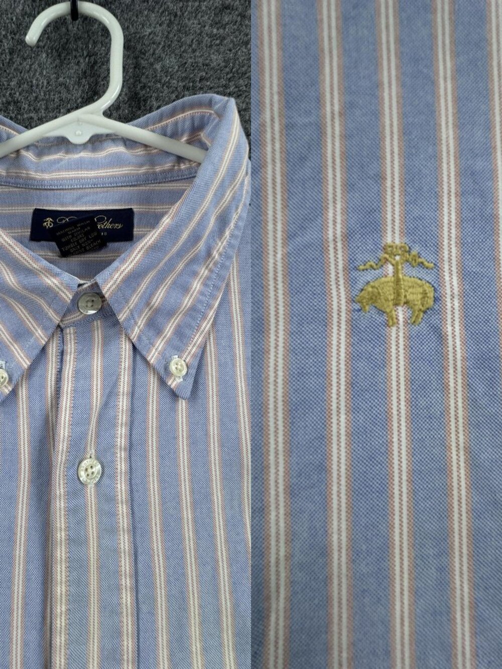 Brooks Brothers Oxford OCBD Logo Blue Striped Button-Down XL Supima Long Sleeve